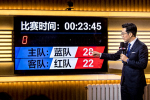 体育比赛实时比分屏幕显示，旁边有评论员正在进行分析